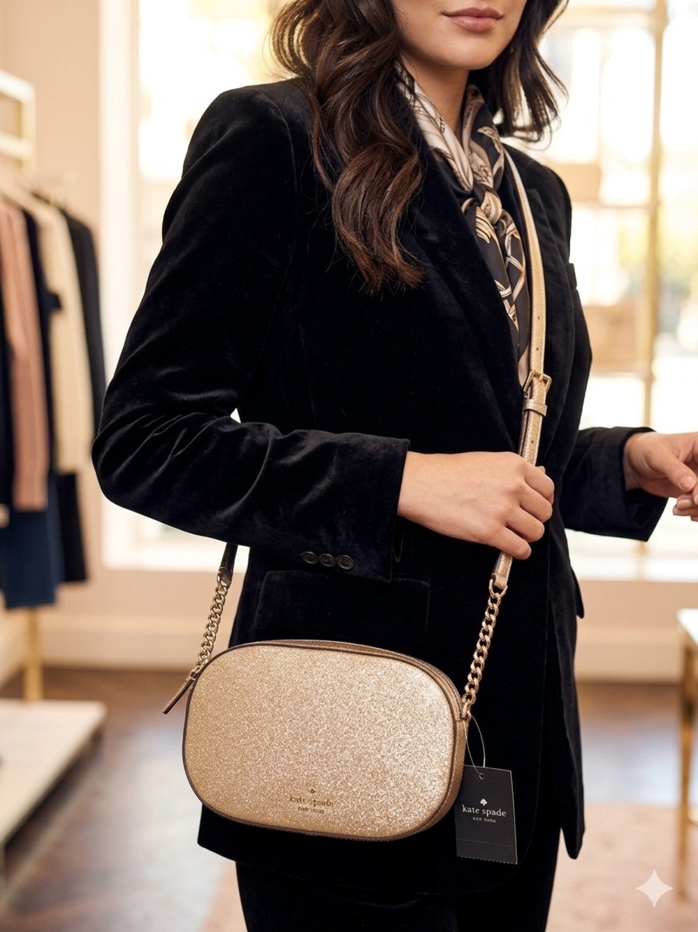 kate spade Glitter Crossbody in Gold and Tan Strap